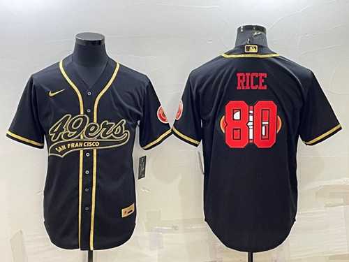 Mens San Francisco 49ers #80 Jerry Rice Black Gold Team Big Logo With Patch Cool Base Stitched Baseball Jersey